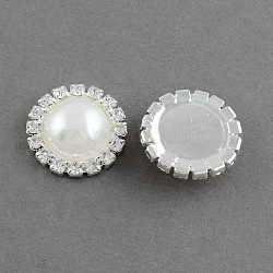 Garment Accessories Half Round ABS Plastic Imitation Pearl Cabochons, with Grade A Rhinestone and Brass Cabochon Settings, White, 24.5x8mm