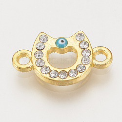 Alloy Rhinestone Links connectors, Cadmium Free & Lead Free, Horseshoes with Evil Eye, Sky Blue, Golden, 17.5x10.5x2.5mm, Hole: 1.5mm