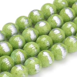 Chapelets de perles de jade naturel, couleur argent brossé, teinte, ronde, pelouse verte, 10mm, Trou: 0.8mm, Environ 40 pcs/chapelet, 15.94 pouce (40.5 cm)
