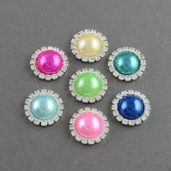 Accessoires de vêtement de cabochons demi-ronds  avec perles en plastique ABS, avec strass et laiton supports cabochon de grade A, couleur argentée, couleur mixte, 14.5x4mm