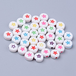 Opaque White Acrylic Beads, Flat Round with Mixed Color Star, 7x3.5mm, Hole: 1.5mm, about 3500pcs/500g