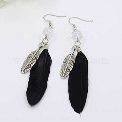 Feather Dangle Earrings, with Tibetan Style Pendants, Electroplate Glass Beads, Brass Earring Hooks and Iron Findings, Black, 95mm