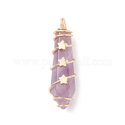 Natural Amethyst Pointed Pendants, Bullet Charm, with Real 18K Gold Plated Tone Copper Wire Wrapped and Brass Star Beads, Faceted, 37x10~11x11~12mm, Hole: 3.5mm