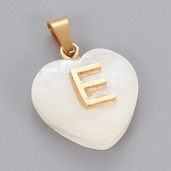Shell Pendants, with 304 Stainless Steel Findings, Heart with Letter, Golden, Letter.E, 23.5x20x7mm, Hole: 3.5x7mm