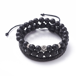 Unisex Stretch Bracelets Sets, Stackable Bracelets, with Natural Black Agate(Dyed)/Lava Rock Round Beads, Platinum Plated Brass Cubic Zirconia Beads, Braided Leather Cord and Cardboard Packing Box, Black, 2-1/8 inch~3 inch(5.3~7.5cm), 3pcs/set