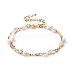 Bracelets multirangs perles rondes en plastique imitation perles, avec placage sous vide 304 gourmettes en acier inoxydable, blanc, or, 6-1/4 pouce (15.8 cm)