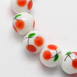 Cherry Pattern Handmade Lampwork Round Beads Strands, Dark Orange, 10mm, Hole: 1mm, about 35pcs/strand, 13.2inch