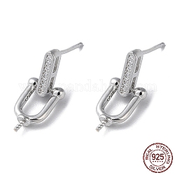 Rhodium Plated 925 Sterling Silver Stud Earring Findings, with Micro Pave Clear Cubic Zirconia, Oval, for Half Drilled Beads, with S925 Stamp, Real Platinum Plated, 9.5x7mm, Pin: 11x0.9mm and 0.7mm