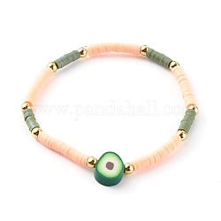 Handmade Polymer Clay Heishi Beaded Stretch Bracelets, with Brass Round Beads, Avocado, Golden, Olive, Inner Diameter: 2-1/8 inch(5.5cm)