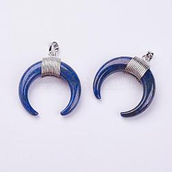 Naturalapis Lazuli Pendants, with Platinum Plated Brass Findings, Dyed, Double Horn/Crescent Moon, 34x33x8.5mm, Hole: 5x7mm