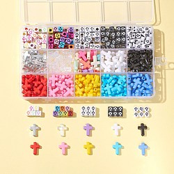 15 Style Transparent & Opaque & Plating Acrylic Beads, Glitter Powder & Craft Style, Cross and Cube & Flat Round with Cross, Mixed Color, 6~16x6~12x4~6mm, 430pcs/box