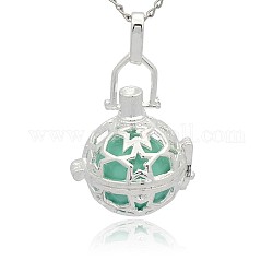 Silver Color Plated Brass Hollow Round Cage Pendants, with No Hole Spray Painted Brass Round Ball Beads, Medium Turquoise, 36x25x21mm, Hole: 3x8mm