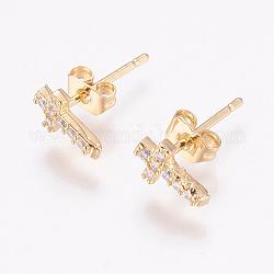 Brass Micro Pave Cubic Zirconia Stud Earrings, with Ear Nuts, Cross, Golden, 8x5x2mm, pin: 1mm