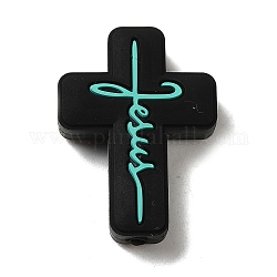 Silikonperlen, Kreuz mit Wort Jesus, Schwarz, 30x22x8 mm, Bohrung: 2.5 mm