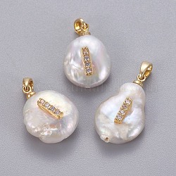 Natural Cultured Freshwater Pearl Pendants, with Brass Micro Pave Cubic Zirconia Findings, Nuggets with Letter, Long-Lasting Plated, Golden, Clear, Letter.I, 17~27x12~16x6~12mm, Hole: 4x2.5mm
