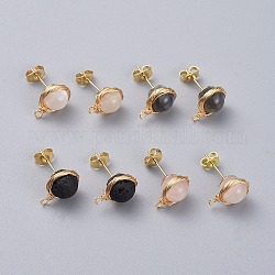 304 acier inoxydable boucle d'oreille, avec poussoirs d'oreilles et perles de pierres précieuses naturelles, plat rond, or, 20~20.5x10mm, Trou: 1.5~2mm, pin: 0.7 mm