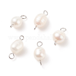 Abalorios de conector de perlas de agua dulce cultivadas naturales, con 304 bucles dobles de acero inoxidable, blanco, oval, color acero inoxidable, 18~18.5x8~9mm, agujero: 2~3 mm