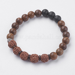 Natural Lava Rock Beads Stretch Bracelets, with Wenge Wood Beads, Rudraksha, Coconut and Alloy Finding, 2 inch(50~52mm)