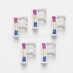 Brass Cubic Zirconia Slide Charms, Real Platinum Plated, Colorful, Letter, Letter.F, 18x13x4.5mm, Hole: 1x2mm and 1x5mm