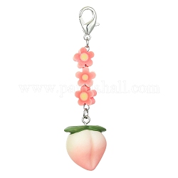 Fruit Resin Pendant Decoration, Zinc Alloy Lobster Claw Clasps and Flower Polymer Clay Beads Charm, Peach, 77mm