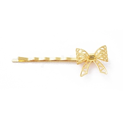Capelli di ferro bobby pin, con accessori di ottone, bowknot, placcato di lunga durata, oro, 62x11mm, bowknot: 20x20 mm