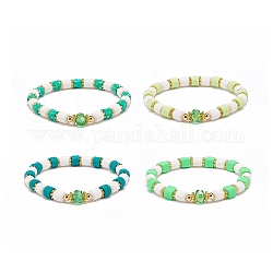 Set di bracciali elasticizzati in argilla polimerica fatti a mano, braccialetti di perline heishi da donna, verde, diametro interno: 2-1/8 pollice (5.3 cm), 4 pc / set