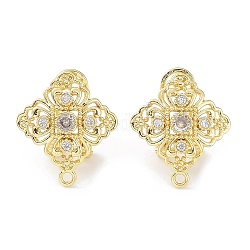 Hollow Rhombus Brass Micro Pave Cubic Zirconia Stud Earrings Finding, with Horizontal Loops, Cadmium Free & Lead Free, Real 18K Gold Plated, 19.5x17mm, Hole: 1.4mm, Pin: 0.8mm