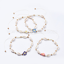 Collane di perline intrecciate con filo di nylon regolabile, con perle di conchiglia di ciprea, perline di legno e perle di plumeria fiore 3d pasta polimerica, colore misto, 13.7~25.1 pollice (35~64 cm)