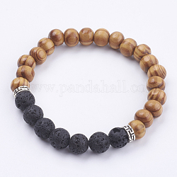 Bracelets extensibles en pierre de lave naturelle, avec des perles de bois et des perles d'alliage, sacs de jute, 2-1/8 pouce (54 mm)