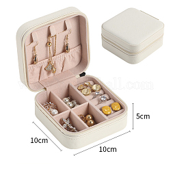 PU Leather Jewelry Box, Travel Portable Jewelry Case, Zipper Storage Boxes, for Necklaces, Rings, Earrings and Pendants, Square, White, 10x10x5cm
