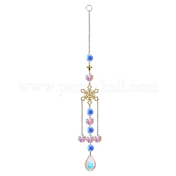 Glass Teardrop Pendant Decoration, Hanging Suncatchers, with Glass Octagon Link and Metal Link, for Home Window Decoration, Snowflake, 300mm