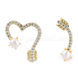 Clear Cubic Zirconia Arrow & Heart Asymmetrical Earrings with Natural Pearl Beaded, Brass Stud Earrings with 925 Sterling Silver Pins for Women, Real 14K Gold Plated, Heart: 15.5x14.5x3mm, Arrow: 17x6.5x4mm, Pin: 0.8mm