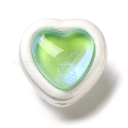 Aleación y cuentas de vidrio transparente, de color plata mate, cuentas en forma de corazón de dos caras, verde amarillo, 11x11.5x10.5mm, agujero: 1 mm