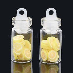 Handmade Polymer Clay Nail Art Decoration Accessories, with Glass Wishing Bottle and CCB Plastic Bottle Stopper, Lemon, Yellow, 4~8x4~8x0.1~2mm, about bottle: 27.5x11mm, hole: 3mm