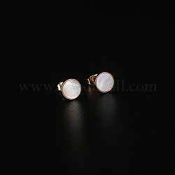 304 Stainless Steel Flat Round Stud Earrings, with Natural Shell, Golden, 8mm