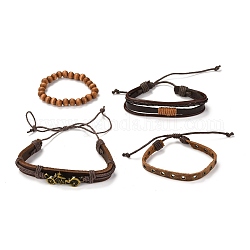Ensembles de bracelets, y compris des bracelets ajustables en cuir PU et des bracelets extensibles en perles de bois naturel, avec les accessoires en alliage, moto, couleur mixte, diamètre intérieur: 1-7/8~4 pouce (4.8~10 cm), 4 pièces / kit