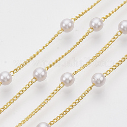 3.28 pie de cadenas de latón hechas a mano, Con cuentas redondas de perlas de imitación de plástico abs., soldada, blanco cremoso, dorado, 2x1.2x0.4mm