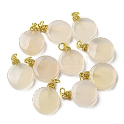 Naturali agata pendenti bianchi, ciondoli rotondi piatti con anellini in ottone, colore oro opaco, 21~22x15x5mm, Foro: 3 mm