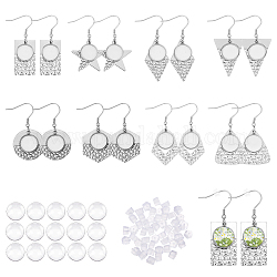 CHGCRAFT 16Pcs 8 Style 304 Stainless Steel Earring Hooks, with Flat Round Settings & 50Pcs Plastic Ear Nuts & 16Pcs Glass Cabochons, Hexagon & Triangle & Rectangle & Star & Rhombus, Stainless Steel Color, Tray: 12mm, 39.5~47mm, 20 Gauge, Pin: 0.8mm, 2Pcs/style