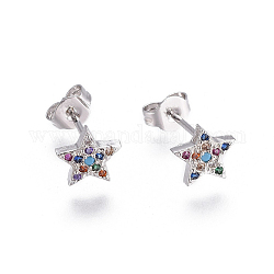 Brass Micro Pave Cubic Zirconia Stud Earrings, with Brass Ear Nuts, Star, Colorful, Platinum, 7x7.5mm, Pin: 0.7mm