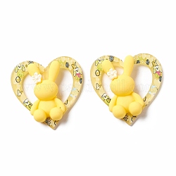 Pendentifs en acrylique opaque imprimé, avec cabochons de résine, coeur avec lapin, jaune, 37.5x37.5x9mm, Trou: 1.5mm