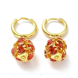 Aretes colgantes de aro con bola de circonita roja, joyas de latón para mujer, dorado, 28~30mm, pin: 0.8~1 mm