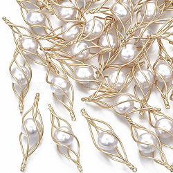 Connecteurs en plastique ABS imitation perles, avec fil de laiton enveloppé, torsion, or clair, blanc crème, 40x11x11mm, Trou: 1mm