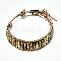 Bracelets en cuir de vachette, avec colonne de perles de jaspe naturelles et de trouvailles en alliage, 9~11 pouce (23~28 cm)