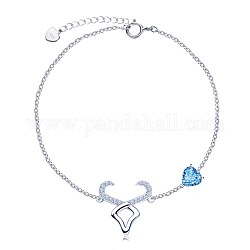 925 Sterling Silver Charm Bracelets, with Glass Imitation Stone & Cable Chains, Constellations, Taurus, Deep Sky Blue, Silver