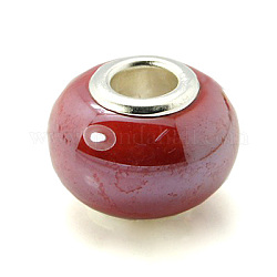 Perles européennes en porcelaine manuelles, Perles avec un grand trou   , avec couleur nickel doubles noyaux de cuivre, rondelle, rouge foncé, 14~15x12mm, Trou: 5mm