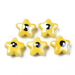 Handmade Porcelain Beads, Famille Rose Style, Star with Eye, Yellow, 15x16x8.5mm, Hole: 2mm