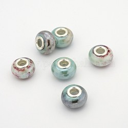 Unterlegscheibe handgefertigten Porzellan großes Loch European Beads, mit Platin Messing Doppelkerne, Aquamarin, 15x10 mm, Bohrung: 5 mm