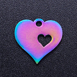 Chapado iónico (ip) 201 encantos de etiqueta en blanco de estampado de acero inoxidable, corazón, color del arco iris, 12.5x13x1mm, agujero: 1.5 mm