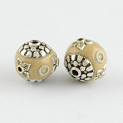 Round Handmade Indonesia Beads, with Alloy Cores, Antique Silver, BurlyWood, 16x15~16mm, Hole: 2mm